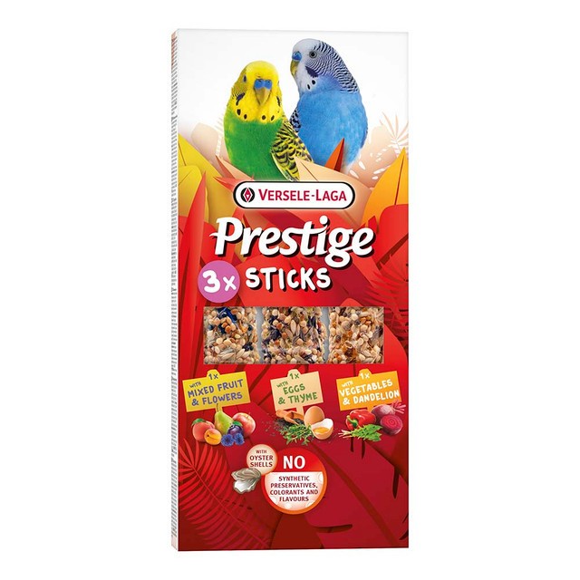 VERSELE-LAGA PRESTIGE VARIETY TRIPLE PACK BUDGIE TREAT STICKS THREE FLAVOURS 90G