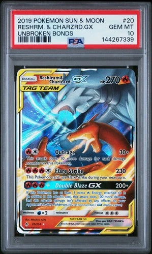 2019 POKEMON SUN & MOON UNBROKEN BONDS #20 RESHIRAM & CHARIZARD GX PSA 10