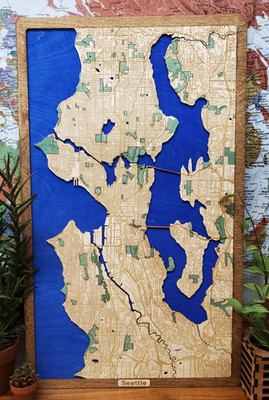 Map of Seattle carved into wood, beautiful & intriguing wall art piece
