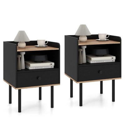 Moderner Sofa Beistelltisch mit Schublade und Metallbeinen für kleine Räume - Schwarz - 2 Stück