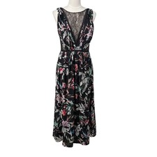Adrianna Papell Satin Floral Maxi Dress Size 6 Lace Inset V-Neck Low Back Fairy