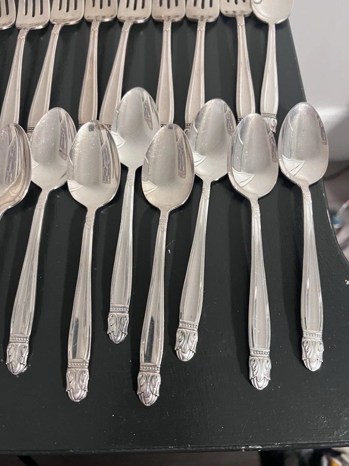 1938 Holmes & Edwards Датская принцесса Инкрустация Серебряная Тарелка Столовые приборы Сервис 50 шт. - Изображение 4 из 4