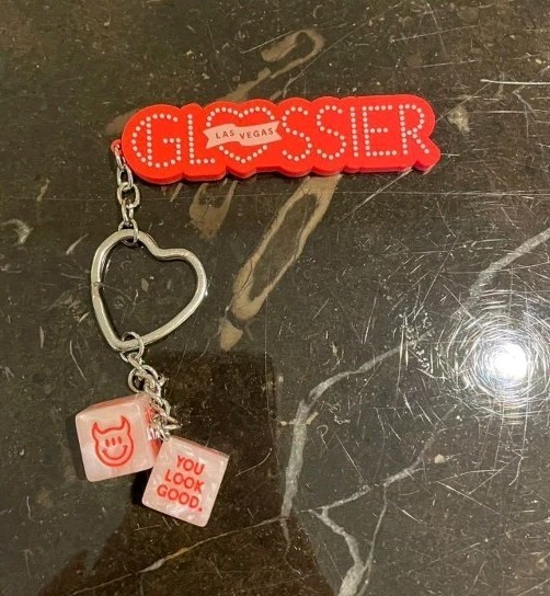 Limited Edition GLOSSIER Las Vegas Logo Dice Keychain + Sticker + Bubble Pouch 