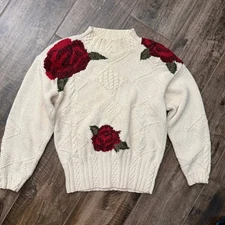 Lydia Jane Ltd Vintage Cottage Hand Knit Rose Mock Neck Sweater, Cream,M