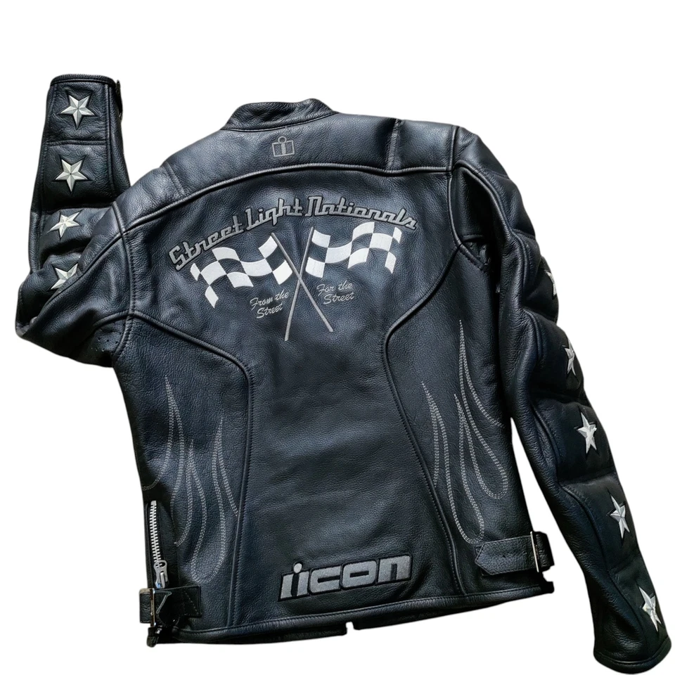 Chaqueta Icon Motorcycle Kitty Cuero Negro Mujer’s Cremallera Mediana Outlaw Racing A8 Foto 2 de 4