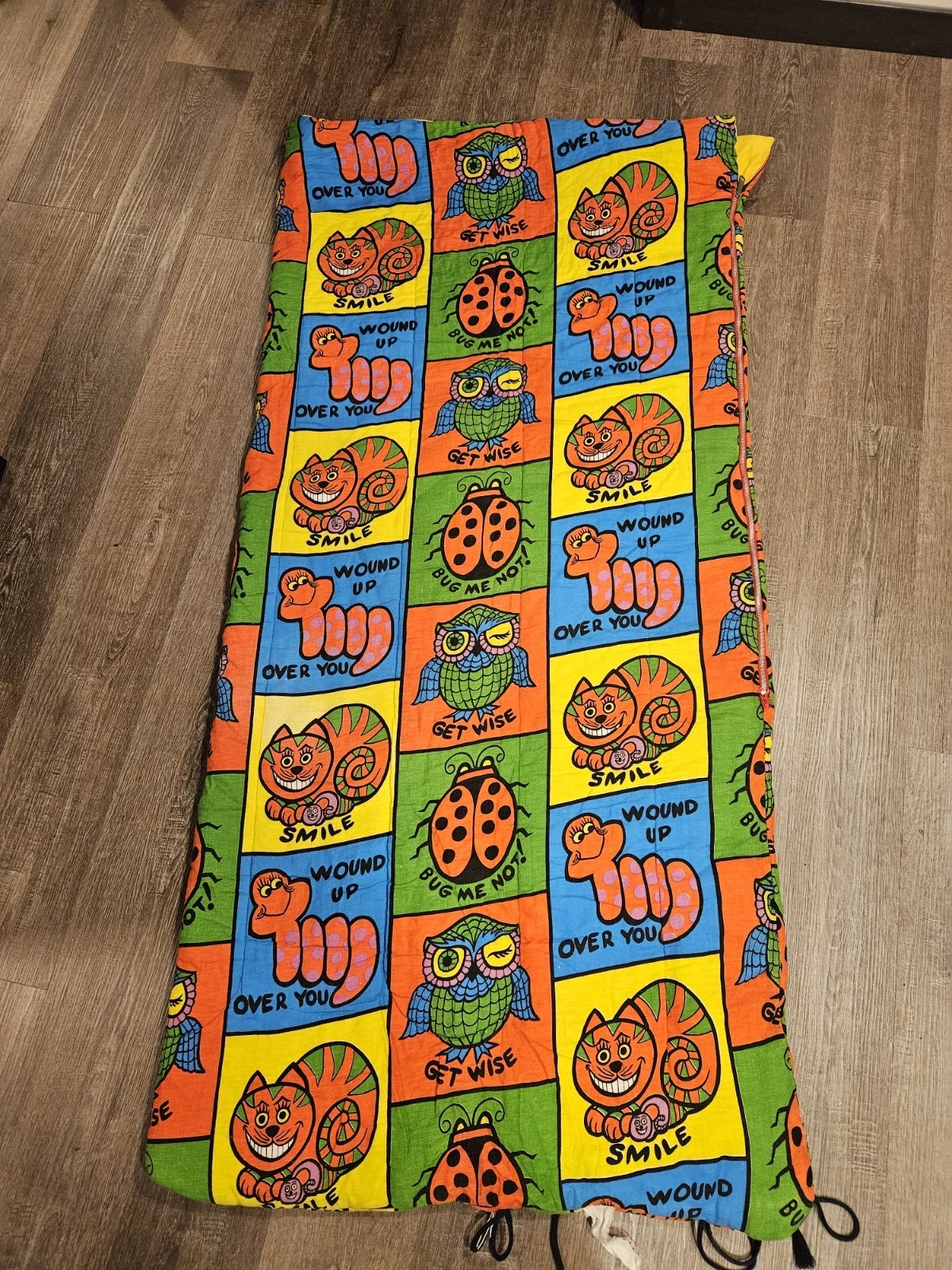 VTG 1970s Psychedelic Sleeping Bag-65"-Owl, Cat, Worm Hippie Peace Love Boho