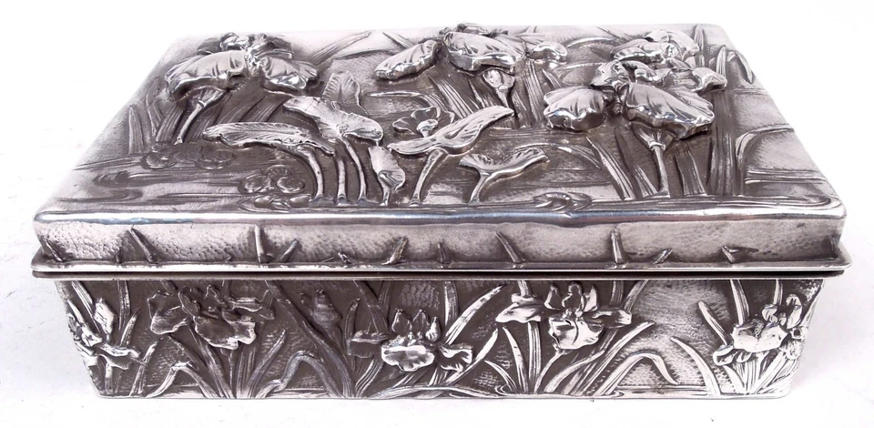 Antigua Caja Meiji Art Nouveau Iris Flores Plata Japonesa Foto 2 de 4