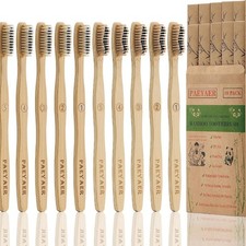 Bamboo Toothbrushes 10 Pack Biodegradable Soft Medium Charcoal Bristles .