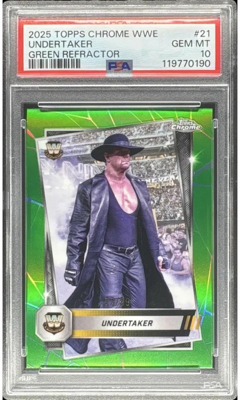 Topps 2025 Chrome WWE Undertaker Green Parallel Refractor /99 #21 (POP 1) PSA 10