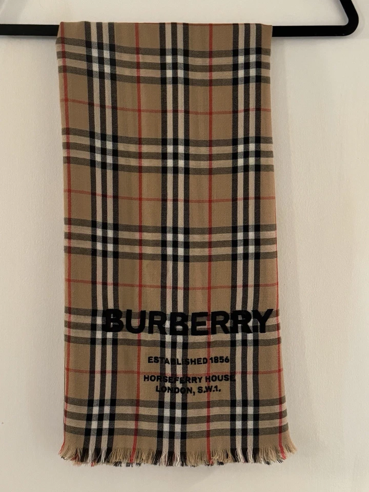 Auténtica bufanda vintage de cachemir a cuadros beige Burberry con logotipo bordado Foto 2 de 4