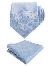 Mens 3.15inches Rose Pattern Necktie with Floral Handkerchief Set Baby Blue
