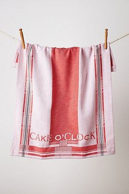 Anthropologie Dishtowel KITCHEN ADAGE Brunch Cake O'Clock Woven Red Cotton NWT