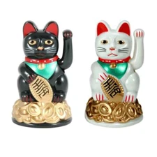 LUCKY BECKONING FORTUNE CAT 4" White or Black Maneki Neko Waving Wealth Kitty