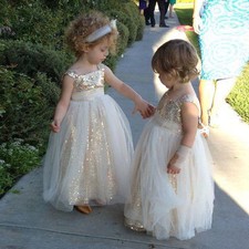 Gold Sequined Flower Girl Dress Tulle Pageant Party Formal Wedding Gowns Custom