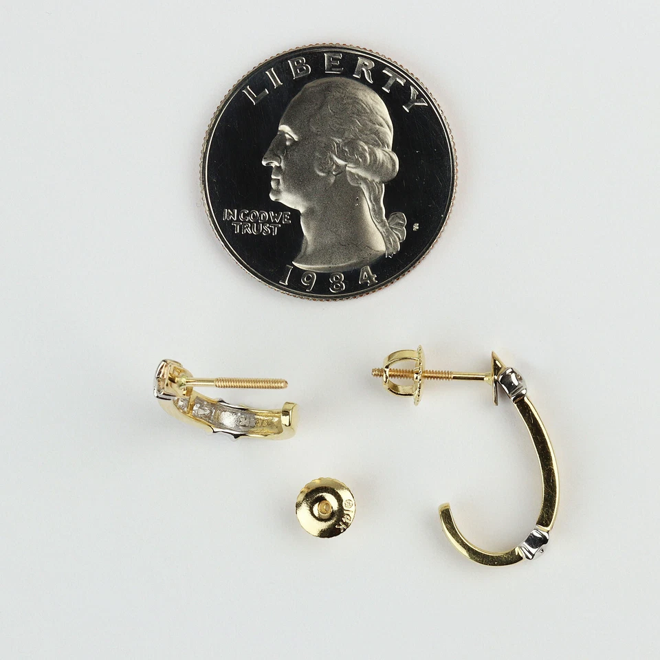 14k Yellow & White Gold, Diamond Half Hoop Threaded Stud Earrings - Image 2 of 2