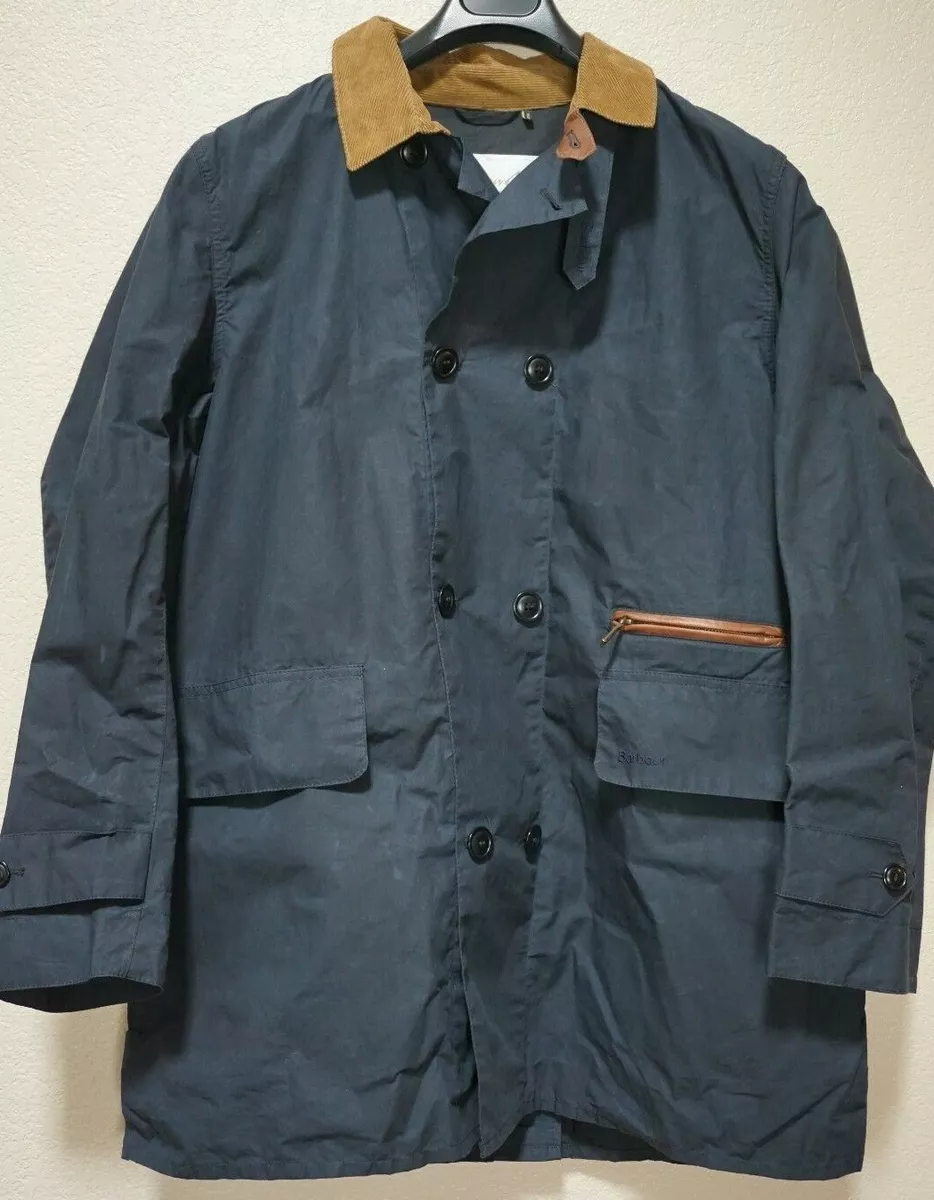 $450 | BARBOUR ICONS MEDIUM HAYDON NAVY DOUBLE BREASTED JACKET LEATHER TRIM