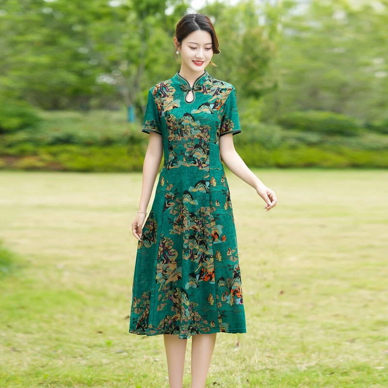Lady Chinese Floral Printed Chinese Dress Retro Cheongsam Dress