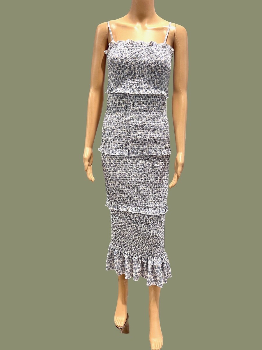 Mable Womens Smocked Long Ruffle Sleeveless Dress Blue Floral Midi Size  Medium