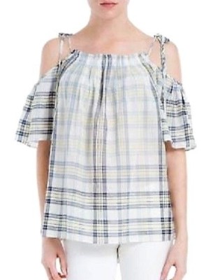 Sophie Max Studio 7B02E76 Yellow/Navy-Multi Plaid Cold Shoulder-Tie Top - $78
