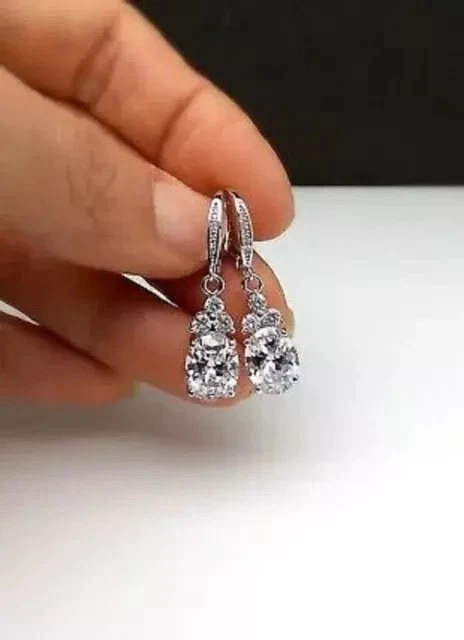 Drop Dangle Solitaire Earring 4Ct Oval Lab Created Diamond 14K White Gold Plated - Image 2 of 4