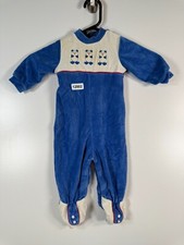 Vtg Baby Unisex One Piece Bear Fleece Footed Pajama Overall Blue Sz 3-6M 9x23