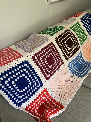 Hand Crochet Granny Squares Afghan Multicolor Boho Throw 67X39 Each Block 13X13