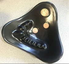 Mid Century Modern Ashtray Black Ceramic 3 Inlay Coins Atomic Triangle Vintage 
