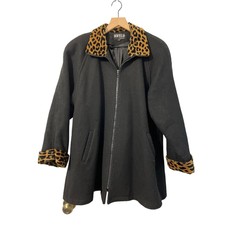 Jofeld Womens Vintage Coat Black Wool Blend Faux Animal Print Trim Size Medium