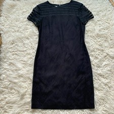 Talbots Dress Womens 12 Linen Blend Black Sheath Sheer Striped Sleeves Lined LBD