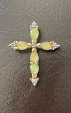 Vintage 925 Sterling Silver Cross Pendant With Opal Like And Clear Stones 2.6 Gr