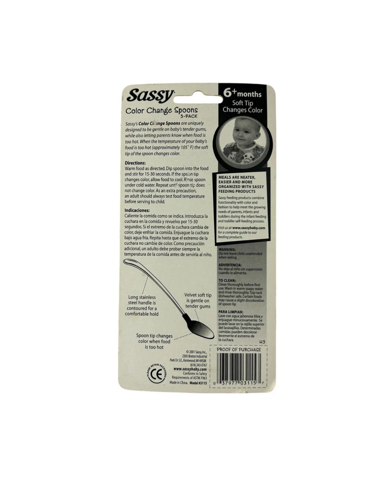 Paquete de 5 cucharas cambiantes de color Sassy 2001 vintage nuevas stock antiguo punta suave bebé Foto 2 de 4