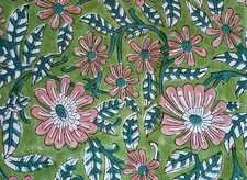 Green By the Yard Floral Indian Block Print Fabric for Sewing Dressmaking
