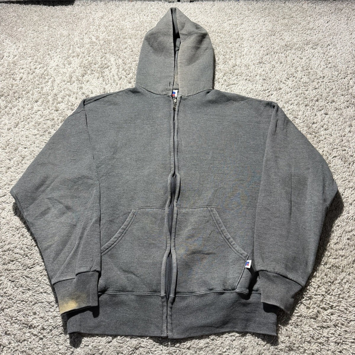 Vintage Russell Athletic Zip Hoodie Large Grey Grunge Faded 90s
