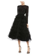 Mac Duggal Black Sequin Tiered Long Sleeve Tulle Cocktail Dress Size 6 $498