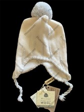 Il Trenino Italy NWT 100 Wool Ivory/Blue Pompom Earflap Hat 3-9 Months