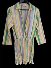 ZARA The Valery Pastel Striped Smocked Mini Dress Collared Linen Blend Size Med