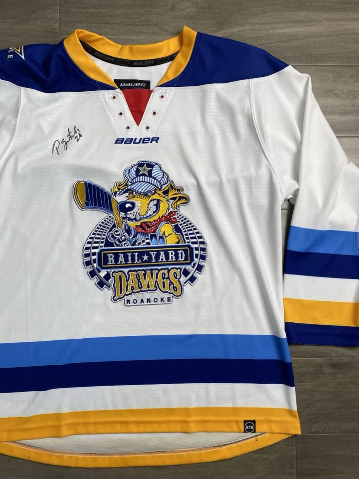Camiseta deportiva de hockey Bauer Brandon Roanoke Rail Yard Dawgs SPHL juvenil grande AUTÓGRAFO Foto 3 de 4