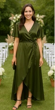 Baltic Born Size M Vara Satin Maxi Wrap Dress in Juniper Green Party Cocktail