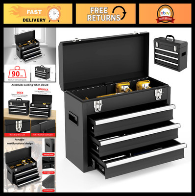Portable Heavy Duty Metal Tool Box - 3 Drawer Chest with EVC Liners & Latches, B