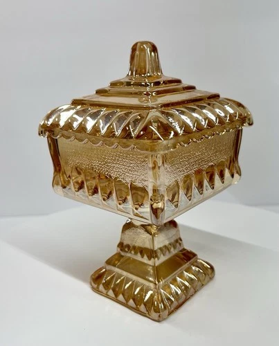 Vintage Jeanette Marigold/Carnival Glass Pedestal Wedding Box/Candy Dish 6".