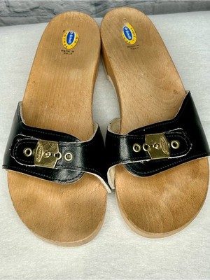 Dr Scholls Wooden Slide Sandals Black Leather Buckle