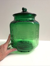 Vtg 1980s Planters Mr Peanut Green Glass Counter Jar w/ Lid Beautiful!