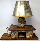 Vintage 1981 AJC Rustic Folk Art Stone Wood Cabin Lodge Log Fireplace Table Lamp