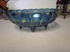Vintage Indiana Carnival Glass Footed Oval Fruit Bowl Blue Iridescent