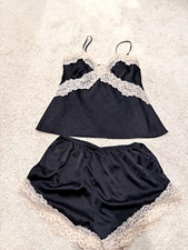 Women s Black Satin Lace Trim Cami Shorts Pajama Set M V-Neck Sleeveless