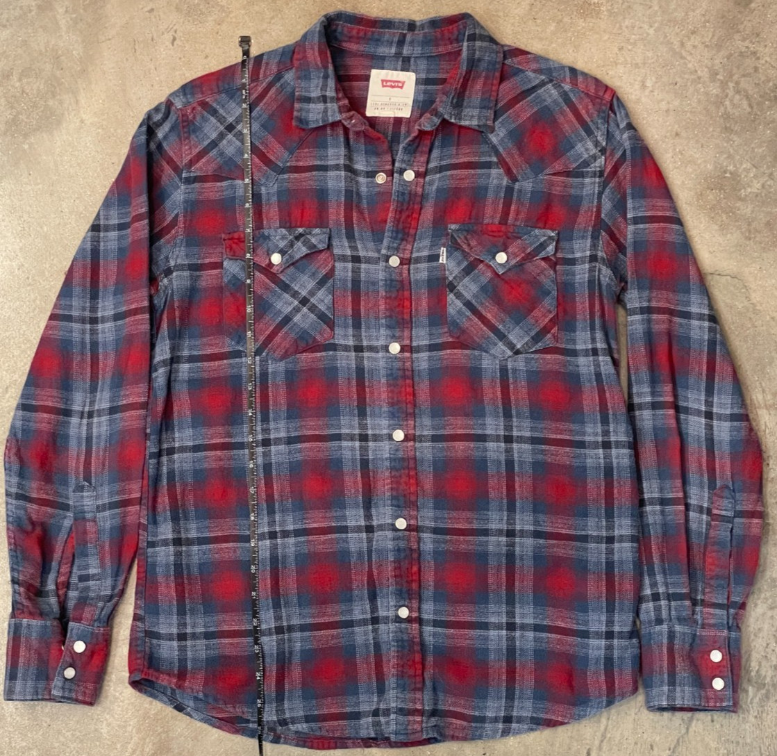Levi's Pearl Snap Flannel Shirt Women S Red Blue Plaid Cotton Western Cowgirl thumbnail 6