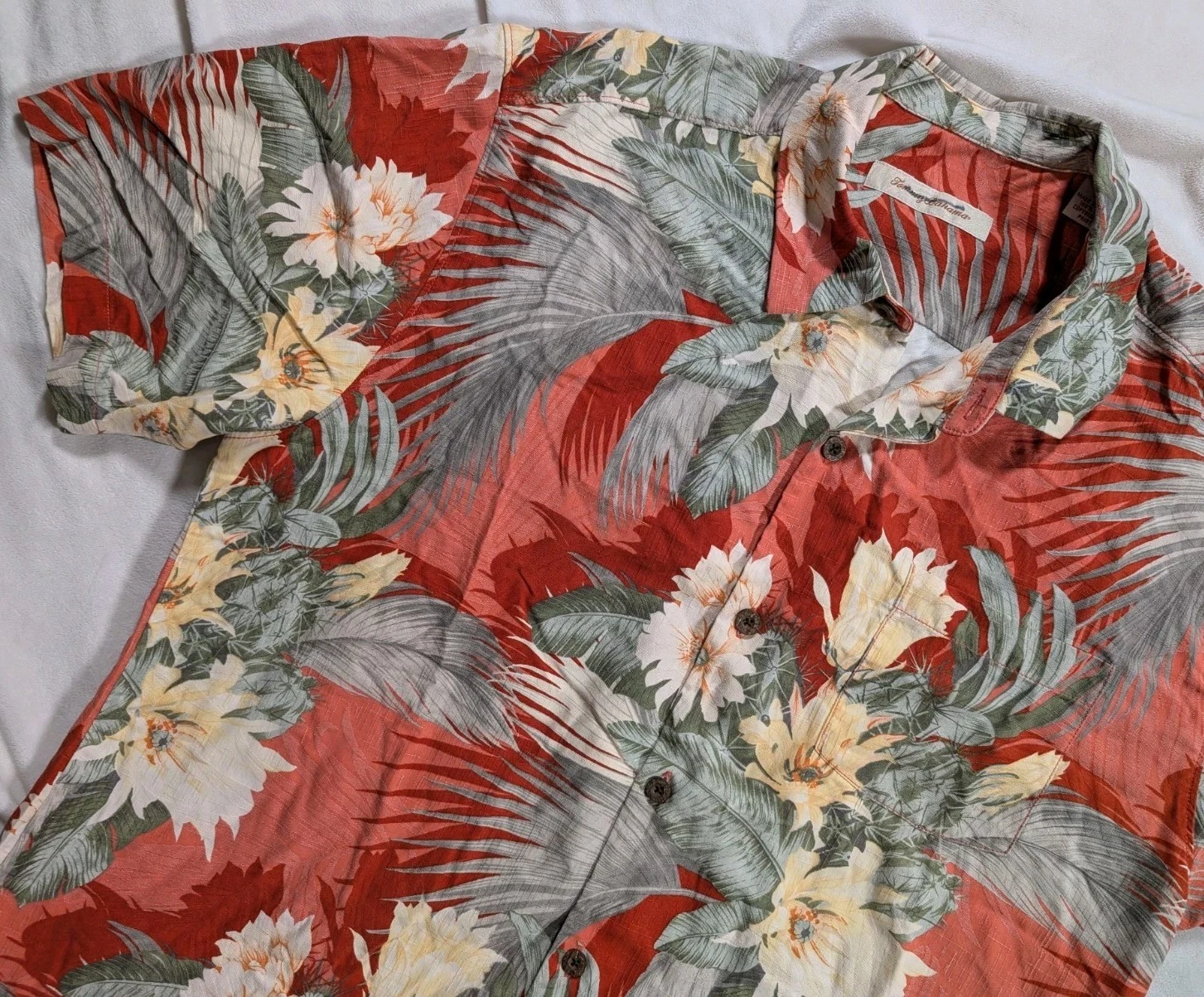 Tommy Bahama Shirt Mens Large Red Silk Floral Hawaiian Button Up Camp Casual