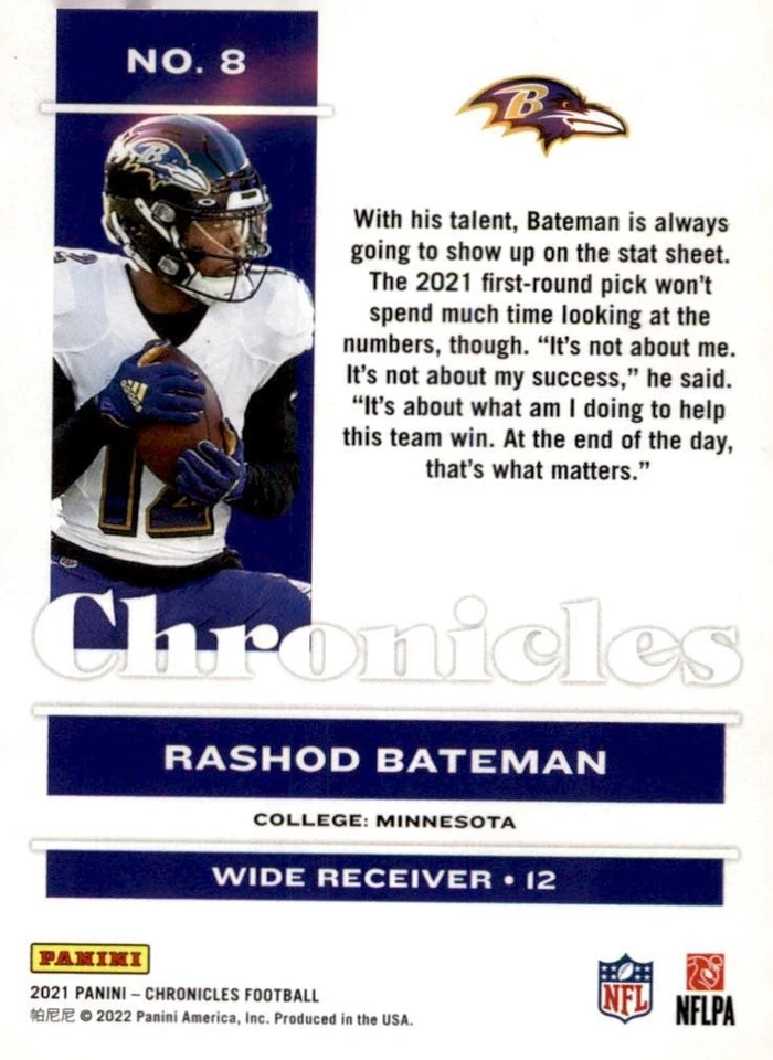 2021 Panini Chronicles #8 Rashod Bateman - Image 2 of 2