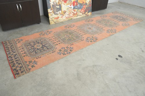 3x11 Turkish Runner Hand-Knotted Vintage Oushak Wool Rug Runner Long Carpet,1126