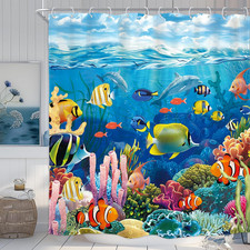 Fish Tropical Ocean Shower Curtain Funny Under Water Colorful World Coral Blue
